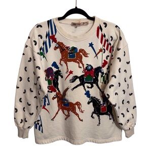 Vintage 90s L’eau Vive Medium Rodeo Clown Horse Sweater Circus Pullover Cotton